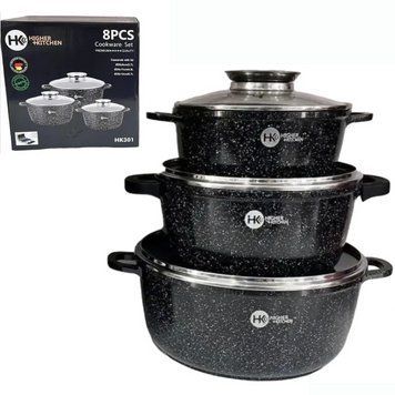 Набір каструль Higher Kitchen HK-301 Набір посуду з гранітним покриттям антипригарним Чорні 8 предметів HK-301 фото