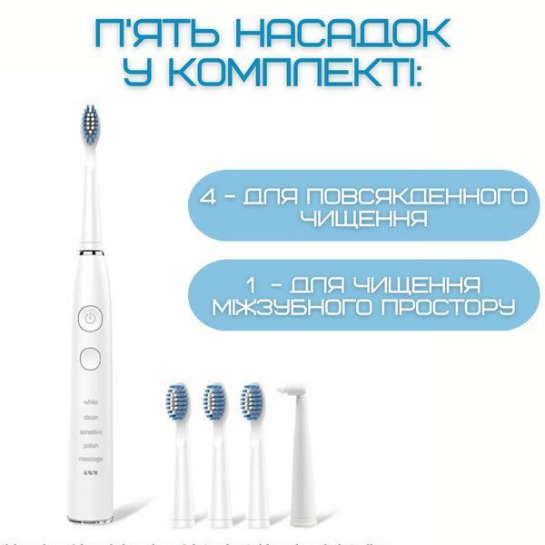 Електрична Зубна Щітка Звукова Доросла Seago SG575 5 Насадок + 5 режимів + Кейс Для зберігання Sonic Біла SG575 фото