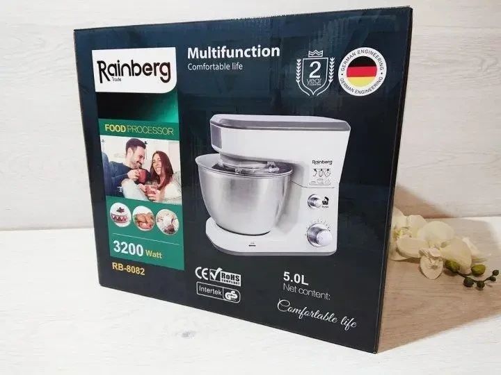 Кухонный комбайн Rainberg RB-8082 3200 Вт, Планетарный миксер-тестомес с чашей 5л, 3 насадки, 6 скоростей RB8082 фото