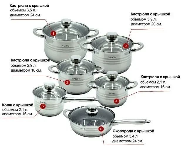 Набір посуду, каструль із неіржавкої сталі з 12 предметів Banoo BN-5001 BN5001 фото