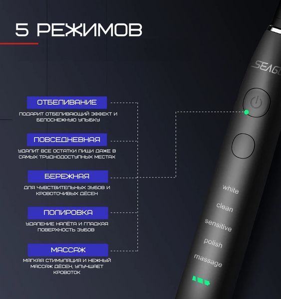Электрическая Зубная Щетка Звуковая Seago SG575 Sonic Взрослая Чёрная SG575 фото
