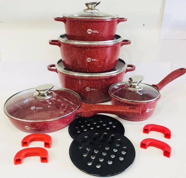 Набір посуду з гранітним, антипригарним покриттям на 14 предметів Higer Kitchen ПК-305 Червоний HK-30501 фото