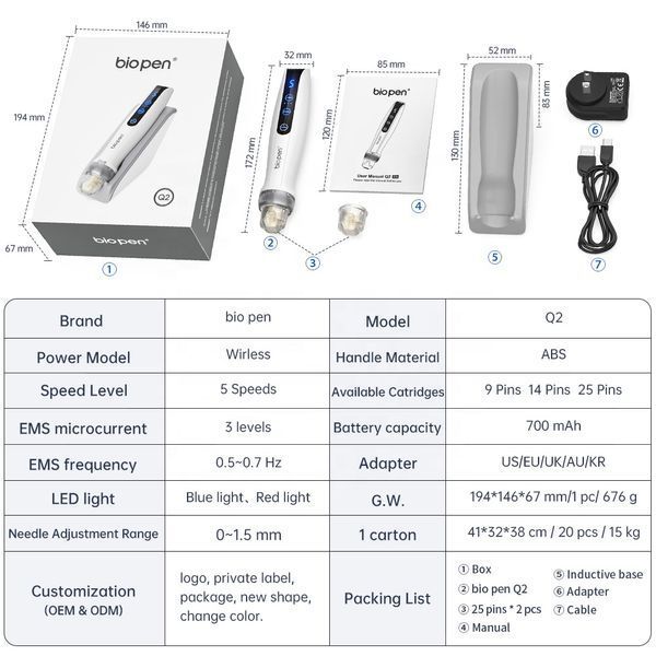 Набір Дермапен Bio Pen Q2 + 10 шт картриджі для біопена з електропорацією EMS та LED Дермаштамп з Функцією EMS і Фототерапія для Ліфтингу Омолодження та Підтяжки Шкіри Q21009H фото
