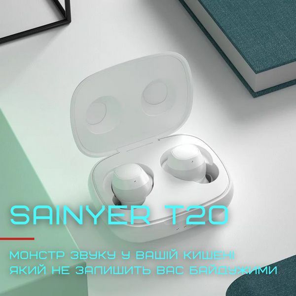 Бездротові Bluetooth Навушники Sainyer T20 TWS із Вбудованим Чіпом Bluetrum Білі T20 фото