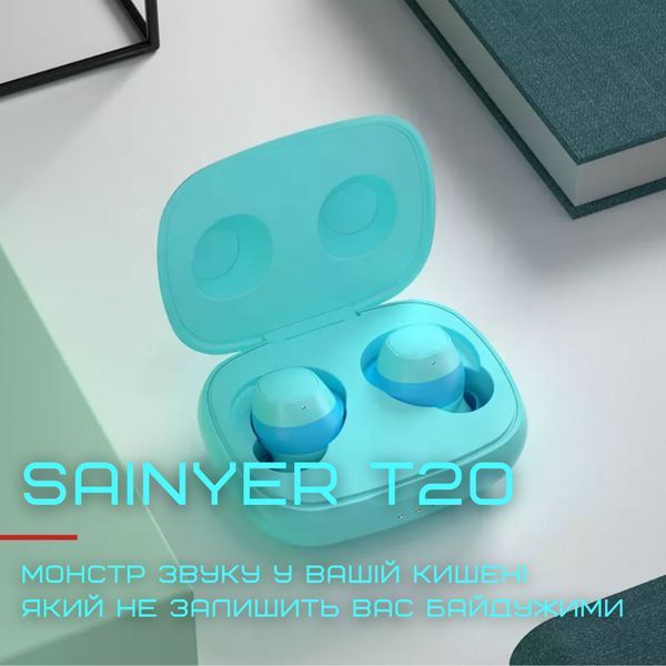 Бездротові Стерео Навушники Sainyer T20 TWS із Вбудованим Чіпом Pixart Блакитні T20 фото