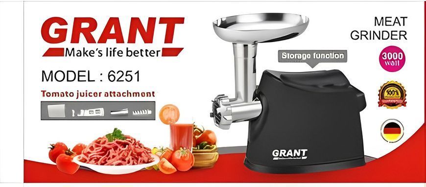 Электрическая мясорубка GRANT 6251 3000W с соковыжималкой для томатного сока Черная Электромясорубка GR6251 фото