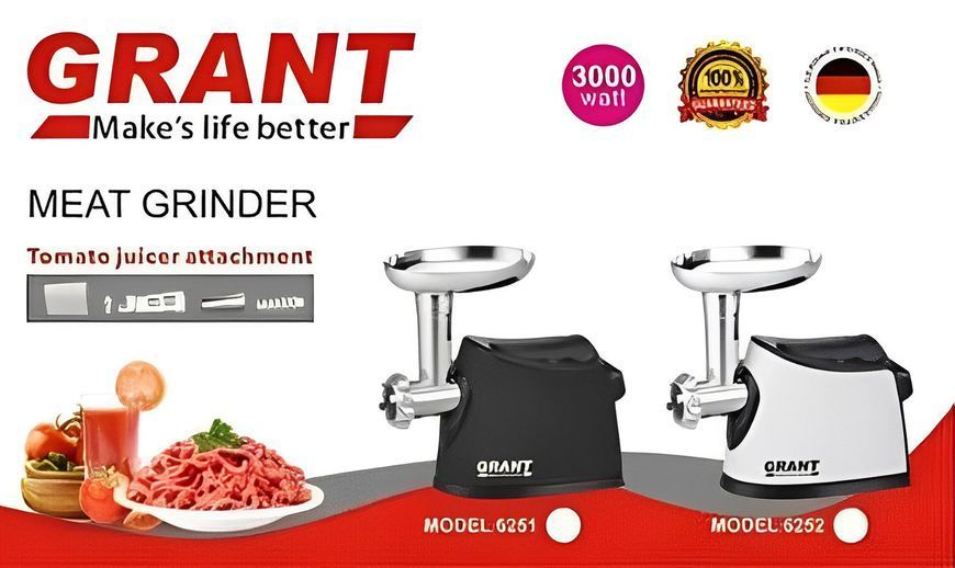 Электрическая мясорубка GRANT 6251 3000W с соковыжималкой для томатного сока Черная Электромясорубка GR6251 фото