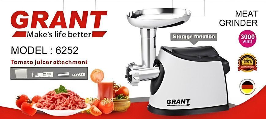 Електрична мясорубка із соковижималкою і насадка для приготування ковбас GRANT 6252 3000W Біла Електромясорубка GR6252 фото